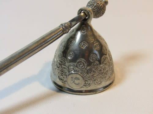 Ornate, heavy candle snuffer. Silver tone metal, fabulous quality. Possibly pewter. 20cm