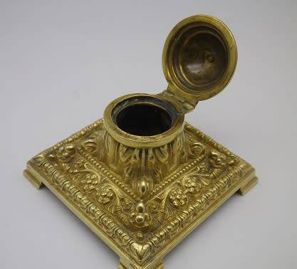 Vintage Cast Brass square Inkwell with intricate detail
