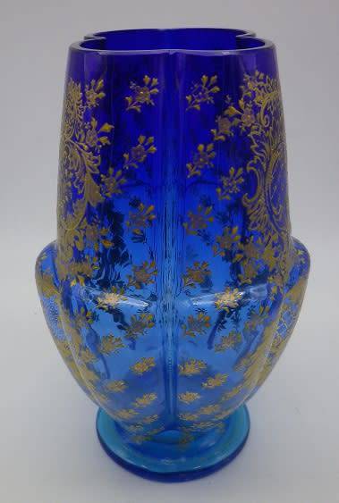 Antique c1880s hand painted blue glass vase. Excellent condition. 19cm x 14cm x 11 cm