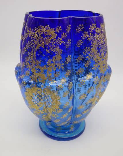 Antique c1880s hand painted blue glass vase. Excellent condition. 19cm x 14cm x 11 cm