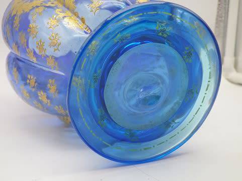 Antique c1880s hand painted blue glass vase. Excellent condition. 19cm x 14cm x 11 cm