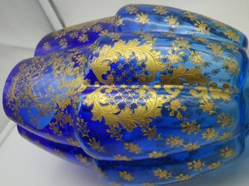 Antique c1880s hand painted blue glass vase. Excellent condition. 19cm x 14cm x 11 cm