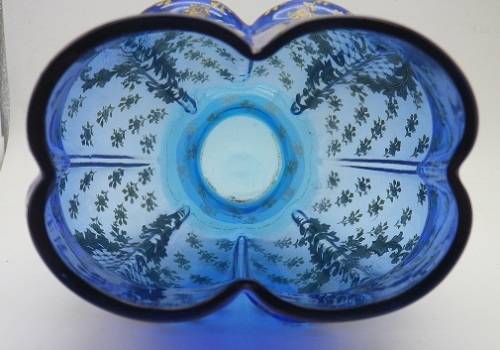 Antique c1880s hand painted blue glass vase. Excellent condition. 19cm x 14cm x 11 cm