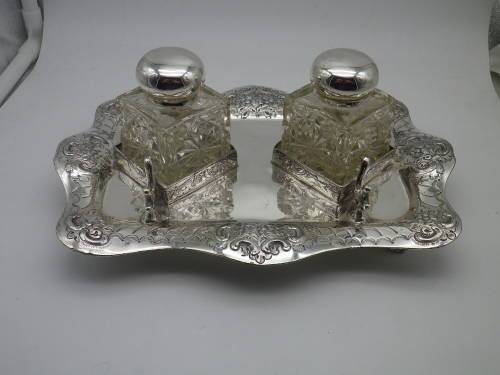 Victorian Silver Plate & Crystal double inkwel, James Deacon & Sons