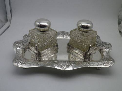 Victorian Silver Plate & Crystal double inkwel, James Deacon & Sons