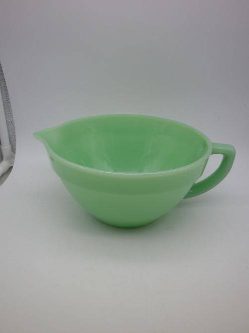 FOR JONSEO ONLY PLEASE!! Green FIRE KING, USA Milk Glass Large Vintage bowl with handle and spout