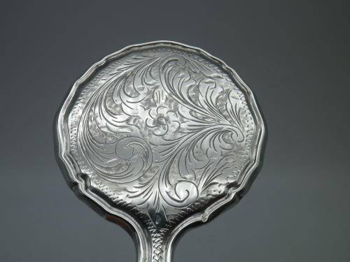 Miniature Antique 800 Silver Hand held Ornate Travel Pocket Mirror. Probably German.