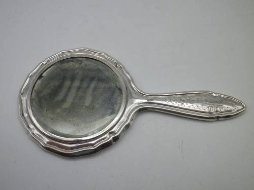 Miniature Antique 800 Silver Hand held Ornate Travel Pocket Mirror. Probably German.