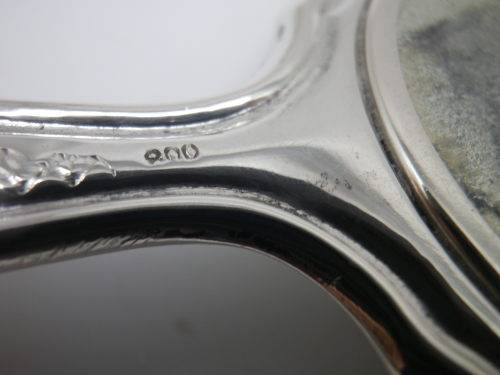 Miniature Antique 800 Silver Hand held Ornate Travel Pocket Mirror. Probably German.