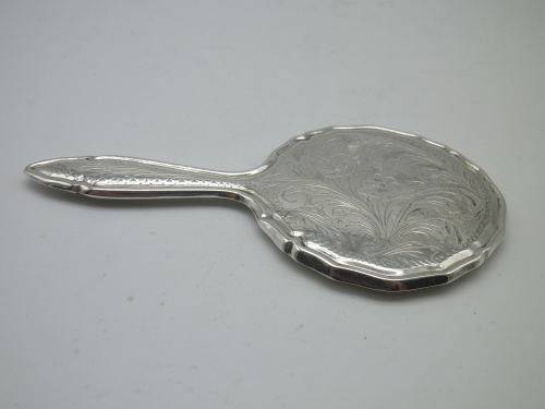 Miniature Antique 800 Silver Hand held Ornate Travel Pocket Mirror. Probably German.