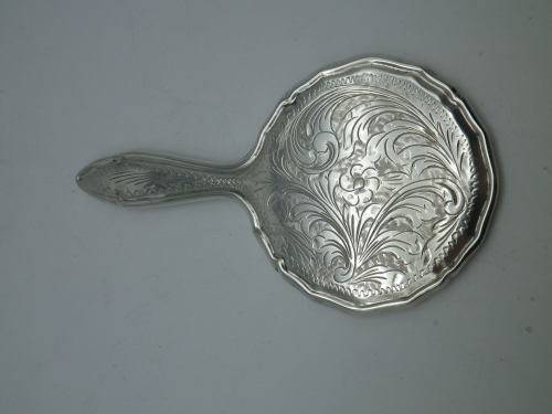 Miniature Antique 800 Silver Hand held Ornate Travel Pocket Mirror. Probably German.
