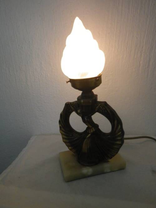 FOR LINJOU ONLY!! ART DECO Lamp. Bronze? dancing girl on marble base with glass flame shade.