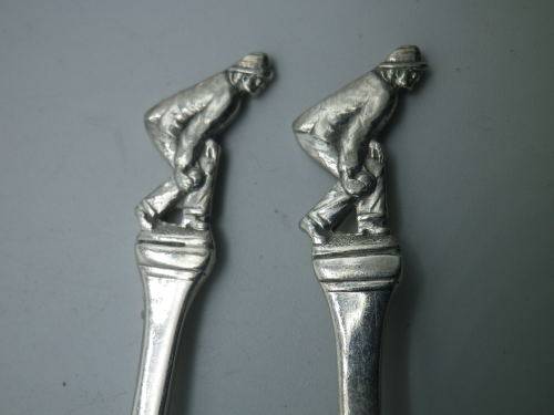 Pair BOWLING THEME Hallmarked silver spoons. Sheffield 1939 ASP Co 23grms 11.5 cm long. UNUSUAL!