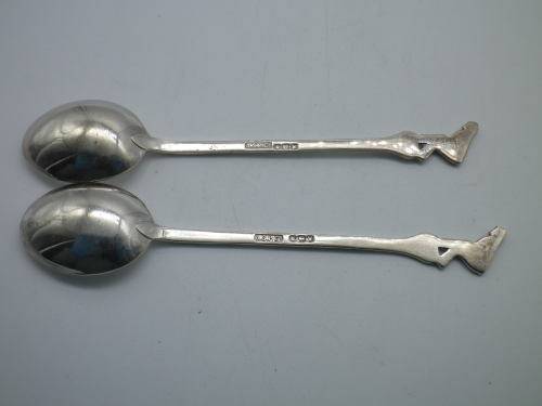 Pair BOWLING THEME Hallmarked silver spoons. Sheffield 1939 ASP Co 23grms 11.5 cm long. UNUSUAL!