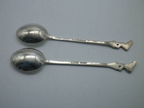 Pair BOWLING THEME Hallmarked silver spoons. Sheffield 1939 ASP Co 23grms 11.5 cm long. UNUSUAL!