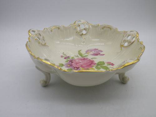 Vintage RC Rosenthal Moliere 3 footed bowl No 2875 with pink roses Kronach Germany 17 x 6.5cm