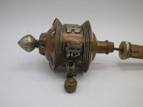 Vintage Tibetan Buddhist Hand Held Spinning Prayer Wheel Original Prayer Scroll. Wood metal & copper