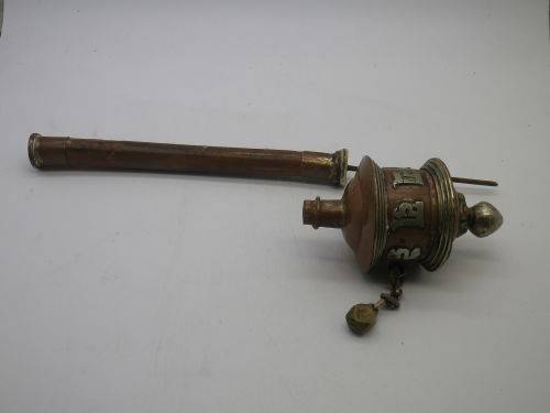 Vintage Tibetan Buddhist Hand Held Spinning Prayer Wheel Original Prayer Scroll. Wood metal & copper