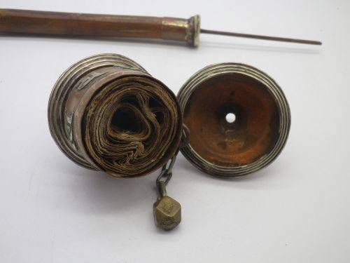 Vintage Tibetan Buddhist Hand Held Spinning Prayer Wheel Original Prayer Scroll. Wood metal & copper