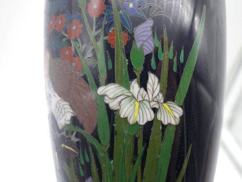 Antique Meiji Period Japanese Cloisonne Vase. Quails among irises 15cm Possibly Ota Toshiro?