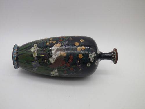 Antique Meiji Period Japanese Cloisonne Vase. Quails among irises 15cm Possibly Ota Toshiro?