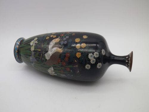 Antique Meiji Period Japanese Cloisonne Vase. Quails among irises 15cm Possibly Ota Toshiro?