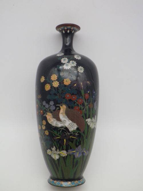 Antique Meiji Period Japanese Cloisonne Vase. Quails among irises 15cm Possibly Ota Toshiro?