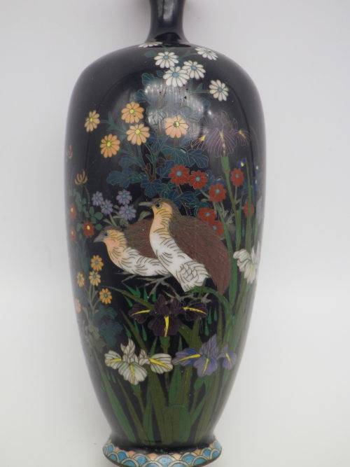 Antique Meiji Period Japanese Cloisonne Vase. Quails among irises 15cm Possibly Ota Toshiro?