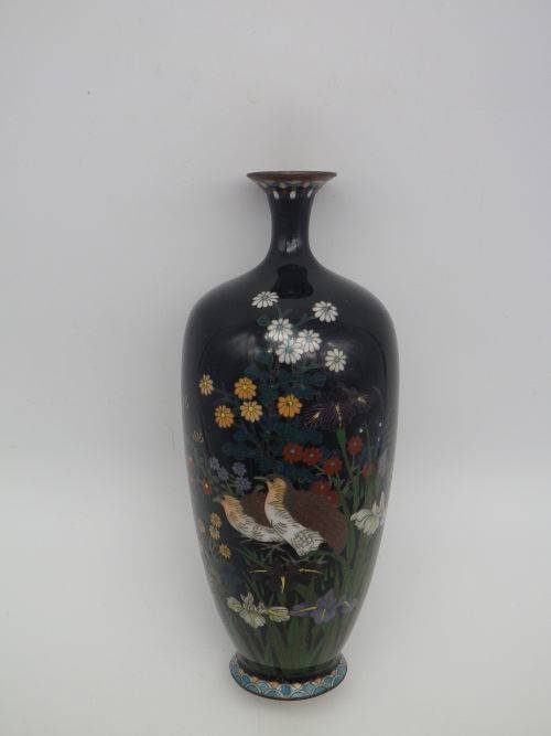 Antique Meiji Period Japanese Cloisonne Vase. Quails among irises 15cm Possibly Ota Toshiro?