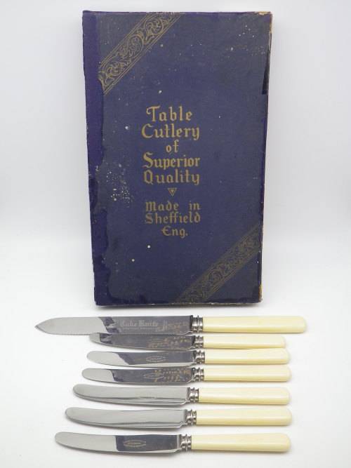 Quality Bone (or faux?) handled Vintage Knives. Sheffield. Includes large bread knife.