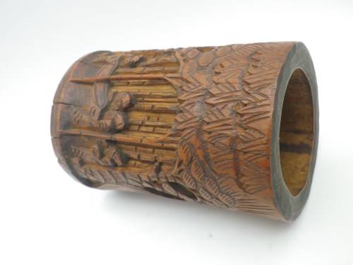 FOR MONACO ONLY PLEASE! Antique 19th c Chinese Carved Bamboo brush pot.  immortals in a landscape.