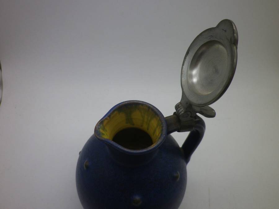 ANTON LANG Studio Pottery Jug Art Nouveau c1920s with pewter lid  12.5cm Rare