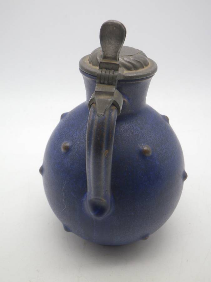 ANTON LANG Studio Pottery Jug Art Nouveau c1920s with pewter lid  12.5cm Rare