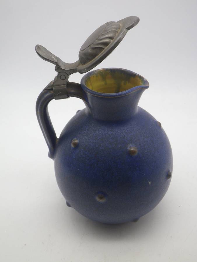ANTON LANG Studio Pottery Jug Art Nouveau c1920s with pewter lid  12.5cm Rare