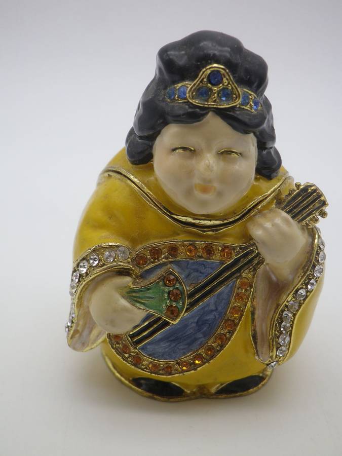 Gorgeous Geisha Trinket pot. Heavy metal, enamel and shiny stones. Cute!!!