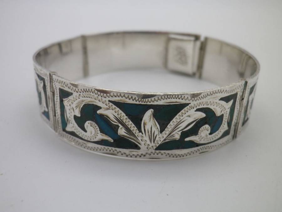 925 Silver & Turquoise 4 hinge panel clip on Bangle. Mexico. 25g. 5.7 x 5.5 inner diameter