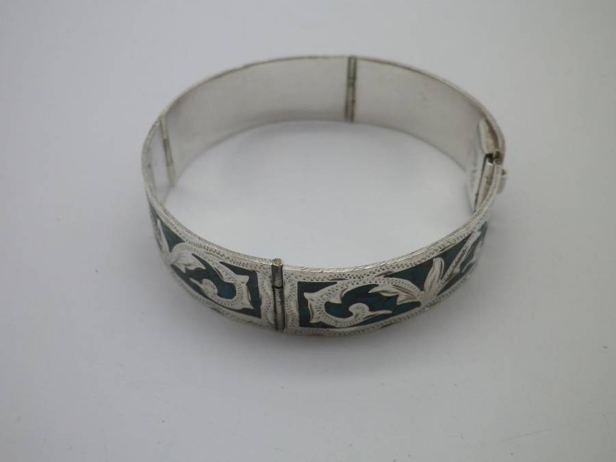 925 Silver & Turquoise 4 hinge panel clip on Bangle. Mexico. 25g. 5.7 x 5.5 inner diameter