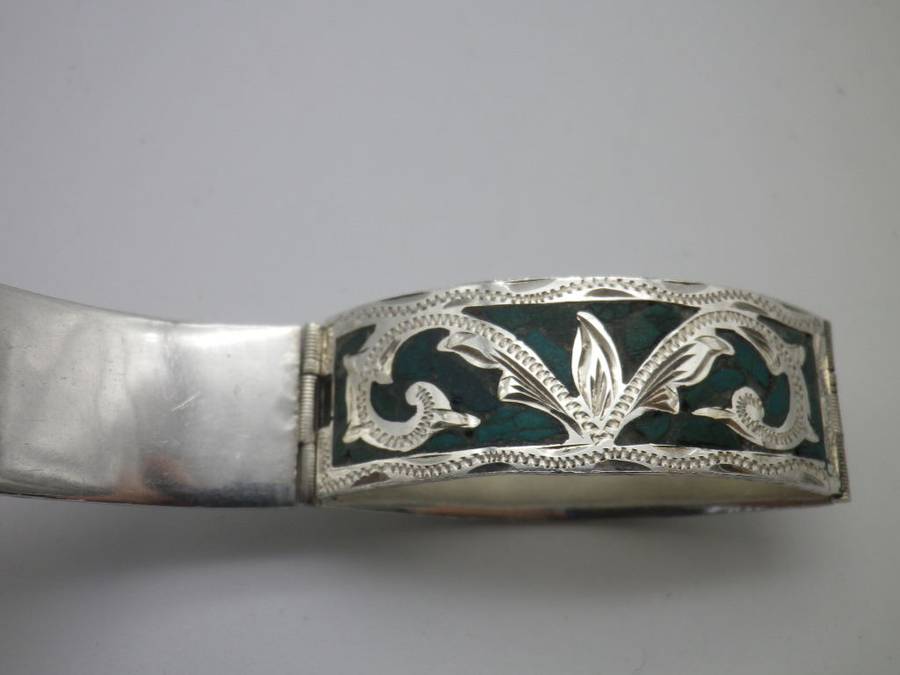 925 Silver & Turquoise 4 hinge panel clip on Bangle. Mexico. 25g. 5.7 x 5.5 inner diameter