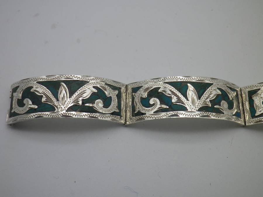 925 Silver & Turquoise 4 hinge panel clip on Bangle. Mexico. 25g. 5.7 x 5.5 inner diameter