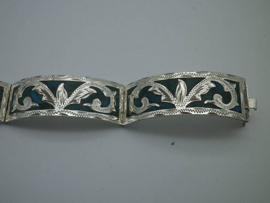 925 Silver & Turquoise 4 hinge panel clip on Bangle. Mexico. 25g. 5.7 x 5.5 inner diameter