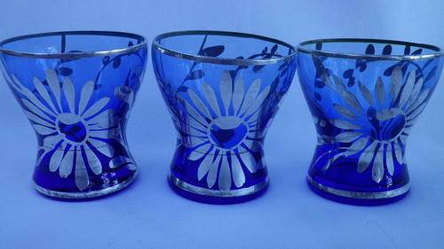 Three gorgeous cobalt blue sherry/liquer glasses with silver overlay. Too beautiful!