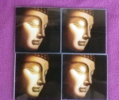 UNIQUE! 4 pretty square glass "BUDDHA" coasters in box.