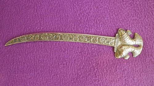 Beautiful good quality Indian brass letter opener with fish shaped handle & intricate design detail