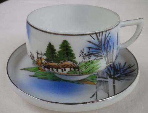 Beautiful hand-painted Kutani fine bone china trio, c1940-1950, Japan. Stunning Geisha lithophane