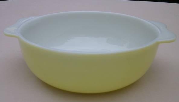 Trendy RETRO YELLOW & WHITE 'JAJ' PYREX, ENGLAND TAB-HANDLED BOWL