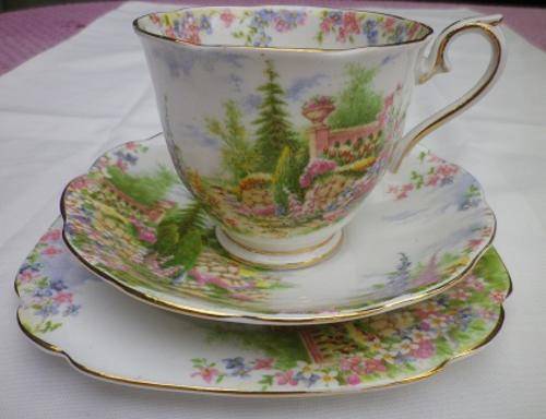 WOW!! 1930s ROYAL ALBERT 'KENTISH ROCKERY" TRIO. Queen Mary Crown mark. Reg. No: 816998 (No 2)