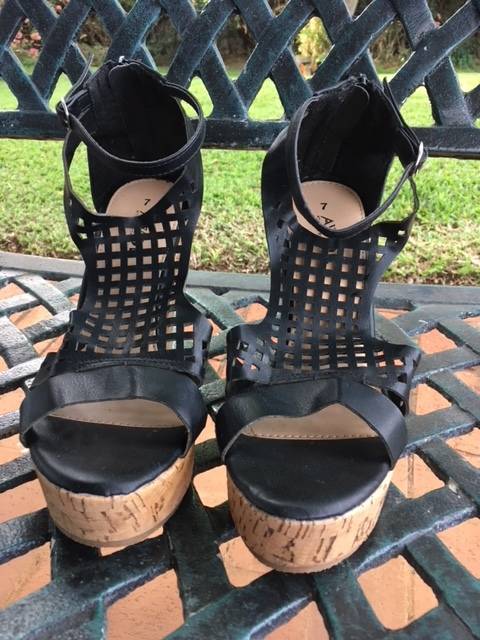 Black cork heel wedges with square cut out detail by AWOL