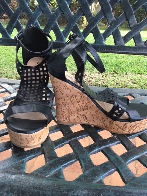 Black cork heel wedges with square cut out detail by AWOL