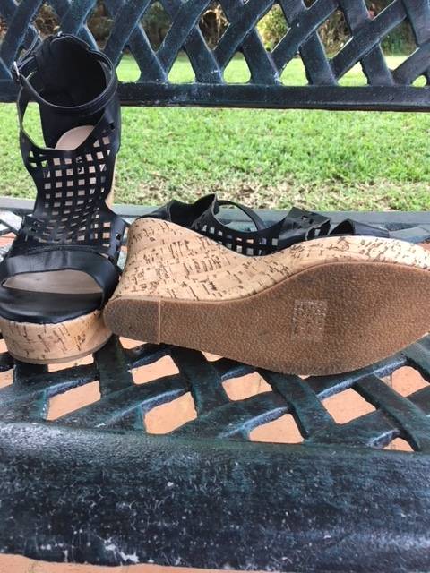 Black cork heel wedges with square cut out detail by AWOL