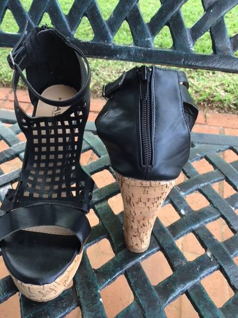 Black cork heel wedges with square cut out detail by AWOL